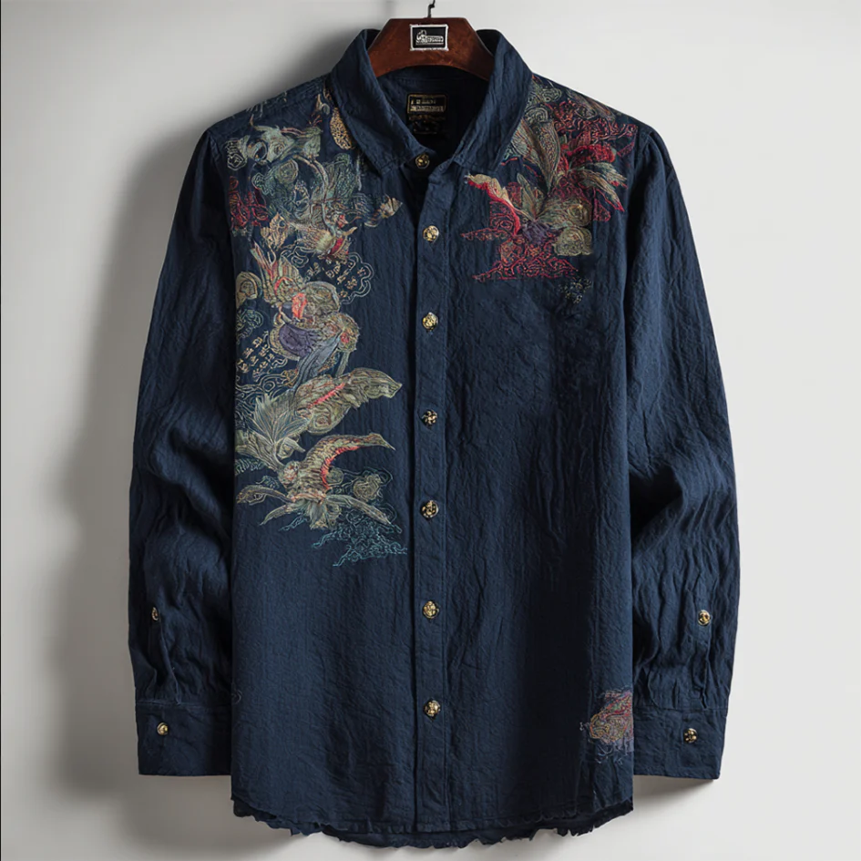 Vintage Japanese Floral Art Premium Casual Long Sleeve Shirt – Button-Up Linen Style