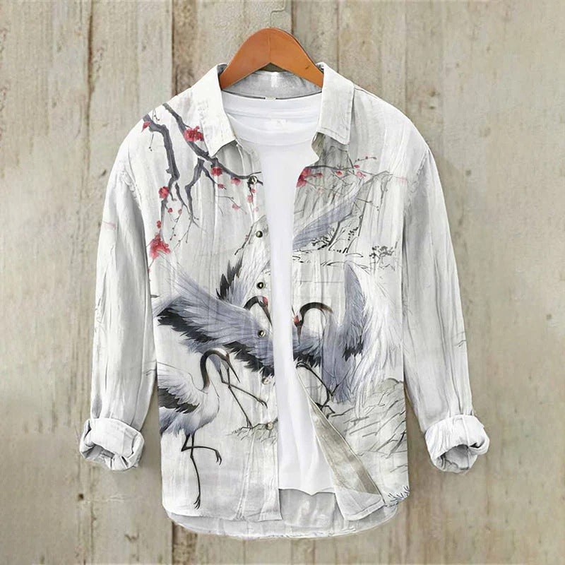 Japanese Crane Landscape Print Premium Casual Long Sleeve Shirt – Button-Up Linen Style