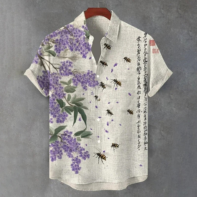 Japanese Wisteria Flower & Bee Print Men's Premium Casual Shirt – White Short Sleeve Button-Up Summer Linen Style Shirt