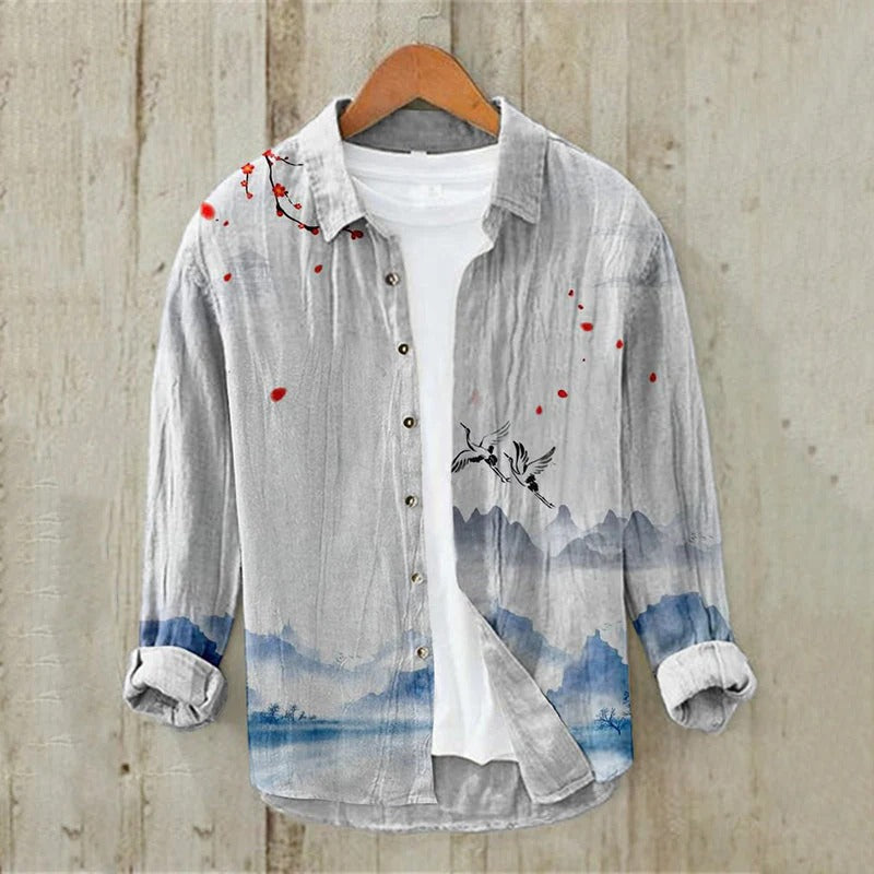 Minimalist Cat Embroidery Premium Casual Long Sleeve Linen Shirt – Button-Up Lightweight Everyday Wear