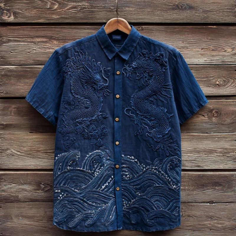 Japanese Dragon Wave Print Men's Premium Casual Shirt – Short Sleeve Button-Up Summer Beach & Streetwear Shirt