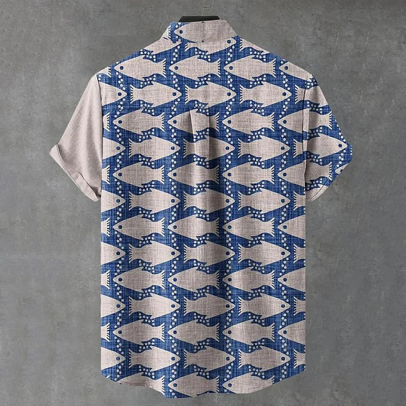 Vintage Fish Print Men's Premium Casual Linen Shirt – Mandarin Collar Short Sleeve Summer Beach Button-Up