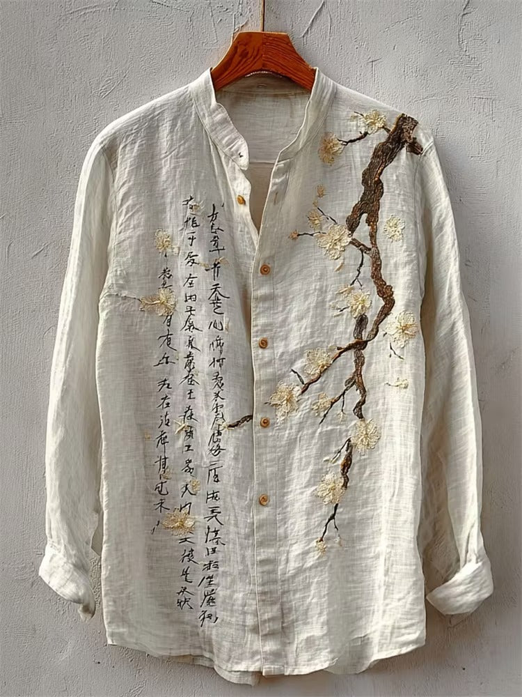 Japanese Calligraphy & Cherry Blossom Print Premium Casual Long Sleeve Linen Shirt – Mandarin Collar Button-Up