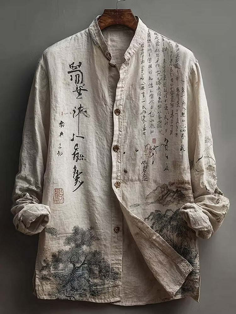 Vintage Japanese Calligraphy Landscape Print Premium Casual Long Sleeve Linen Shirt – Mandarin Collar Button-Up
