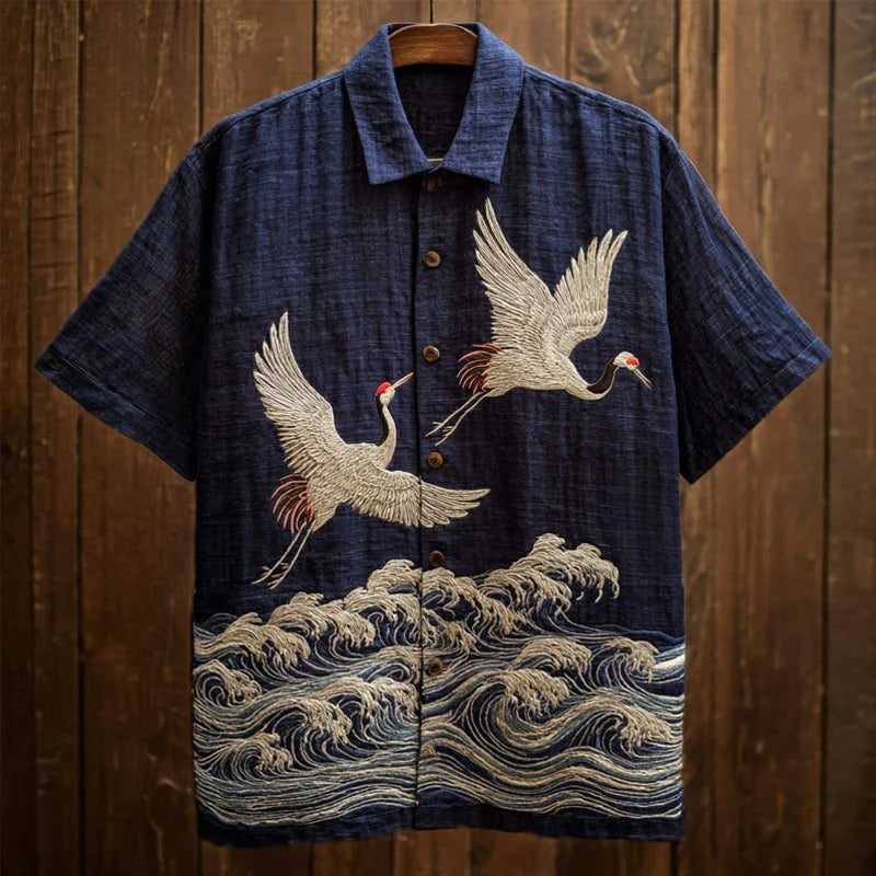 Japanese Crane Wave Print Men's Premium Casual Shirt – Short Sleeve Button-Up Summer Beach Resort Shirt