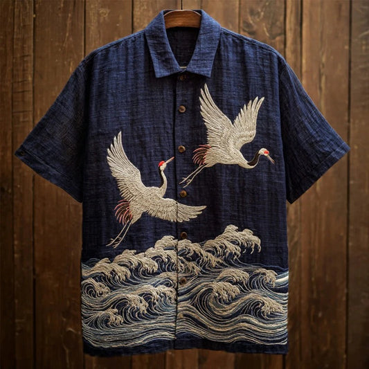 Japanese Crane Wave Print Men's Premium Casual Shirt – Short Sleeve Button-Up Summer Beach Resort Shirt