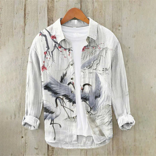 Japanese Crane Landscape Print Premium Casual Long Sleeve Shirt – Button-Up Linen Style