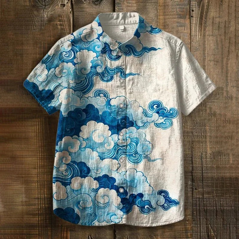Japanese Blue Cloud Print Men's Premium Casual Shirt – White Mandarin Collar Short Sleeve Summer Button-Up
