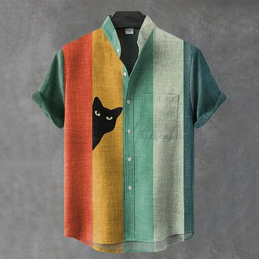 Vintage Color Block Cat Print Men's Premium Casual Linen Shirt – Mandarin Collar Short Sleeve Summer Button-Up