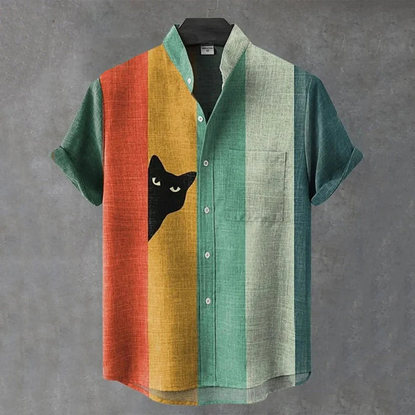 Vintage Color Block Cat Print Men's Premium Casual Linen Shirt – Mandarin Collar Short Sleeve Summer Button-Up