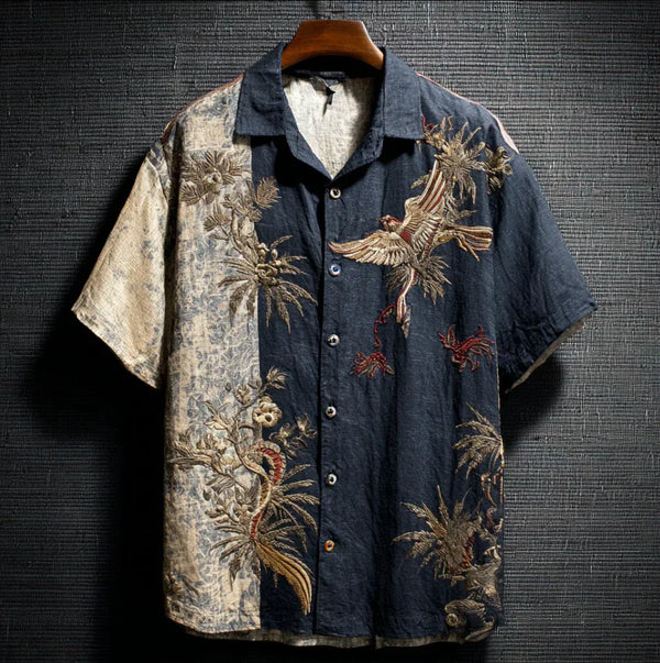 Vintage Japanese Crane & Botanical Print Premium Casual Short Sleeve Shirt – Button-Up Linen Style