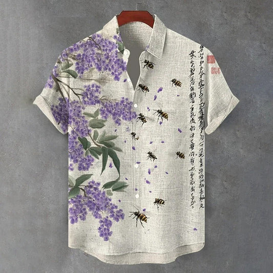 Japanese Wisteria Flower & Bee Print Men's Premium Casual Shirt – White Short Sleeve Button-Up Summer Linen Style Shirt