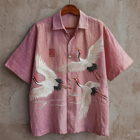 Japanese White Crane Print Men's Premium Casual Shirt – Pink Short Sleeve Button-Up Summer Beach Resort Shirt