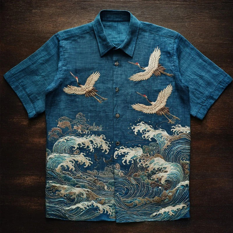 Japanese Crane & Ocean Wave Print Men's Premium Casual Shirt – Blue Short Sleeve Button-Up Summer Beach Resort Shirt