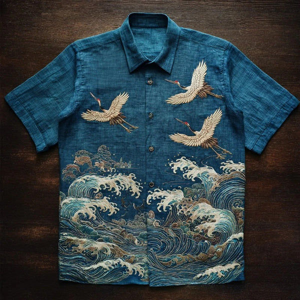 Japanese Crane & Ocean Wave Print Men's Premium Casual Shirt – Blue Short Sleeve Button-Up Summer Beach Resort Shirt