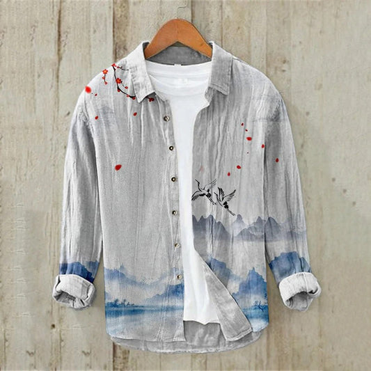 Minimalist Cat Embroidery Premium Casual Long Sleeve Linen Shirt – Button-Up Lightweight Everyday Wear