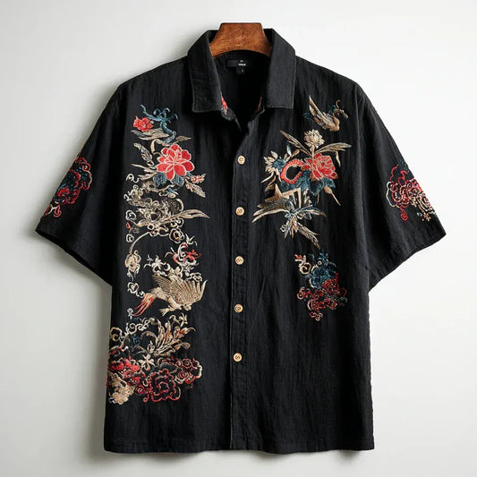 Japanese Floral & Crane Print Men's Premium Casual Shirt – Black Short Sleeve Button-Up Summer Beach Resort Shirt