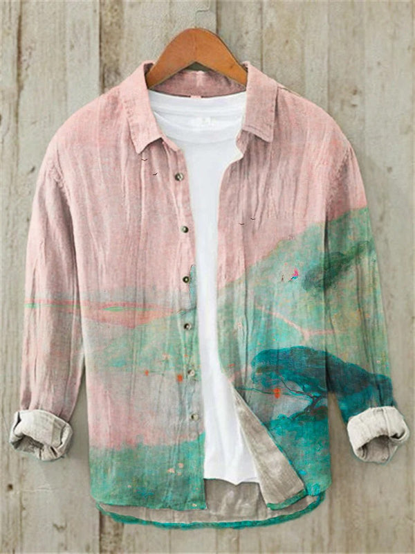 Vintage Landscape Print Linen Shirt – Long Sleeve Button-Up Casual Summer Beach Shirt