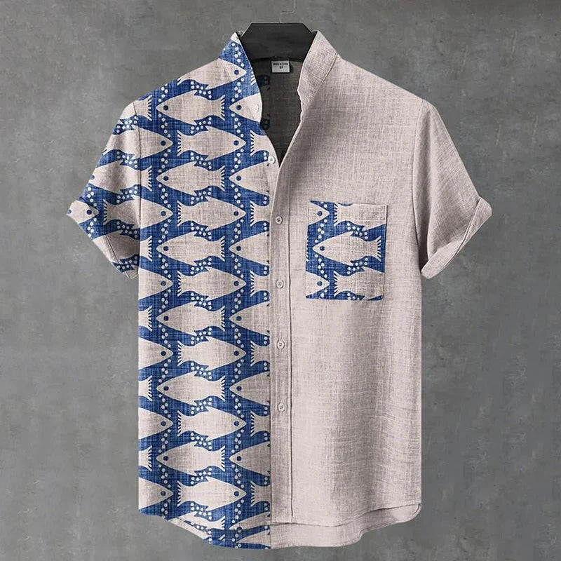 Vintage Fish Print Men's Premium Casual Linen Shirt – Mandarin Collar Short Sleeve Summer Beach Button-Up