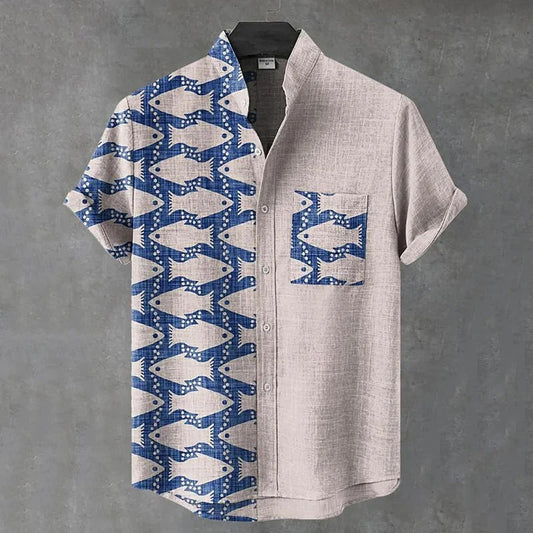Vintage Fish Print Men's Premium Casual Linen Shirt – Mandarin Collar Short Sleeve Summer Beach Button-Up