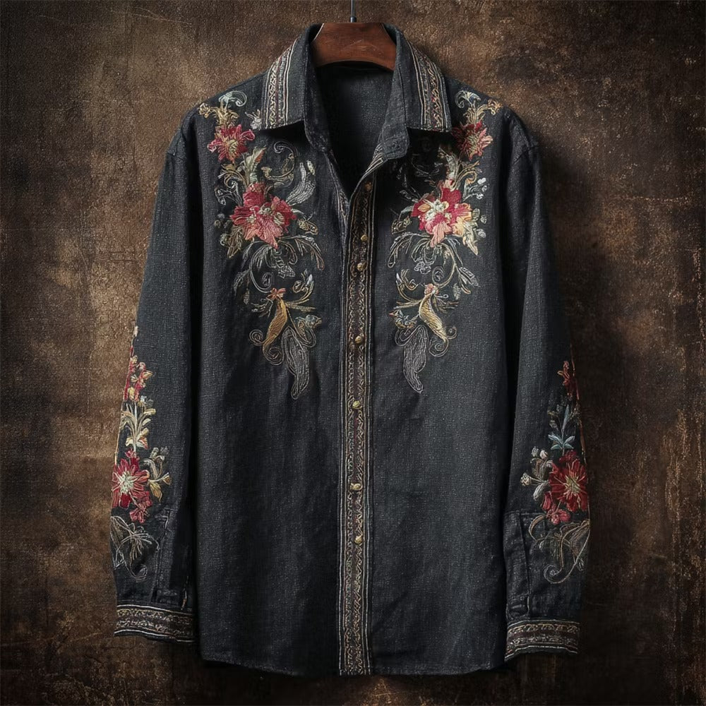 Vintage Floral Embroidery Premium Casual Long Sleeve Shirt – Embroidered Button-Up Linen Style