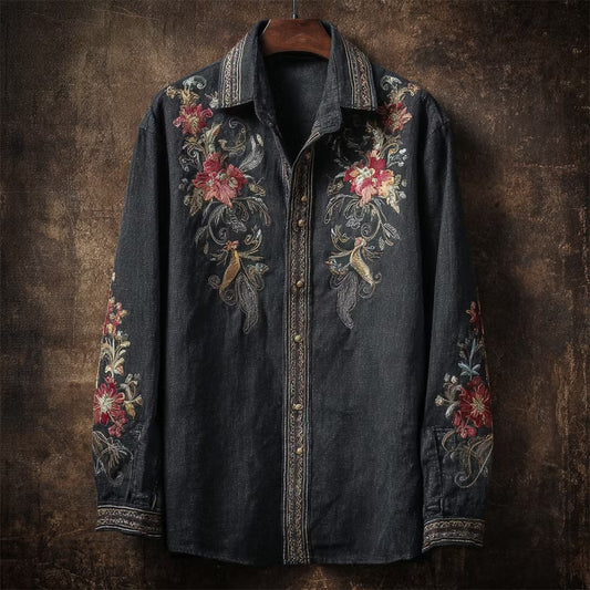 Vintage Floral Embroidery Premium Casual Long Sleeve Shirt – Embroidered Button-Up Linen Style