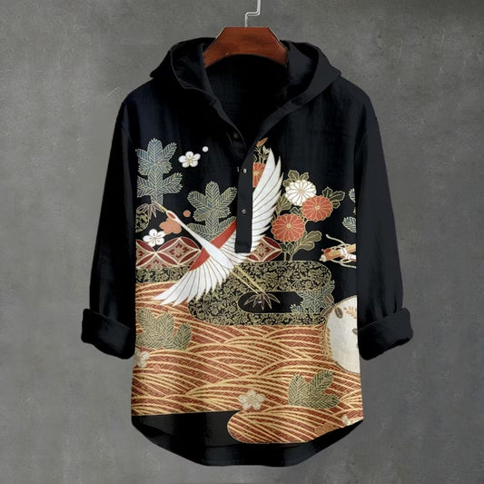 Japanese Crane & Floral Art Premium Hooded Long Sleeve Shirt – Casual Lightweight Button Hoodie