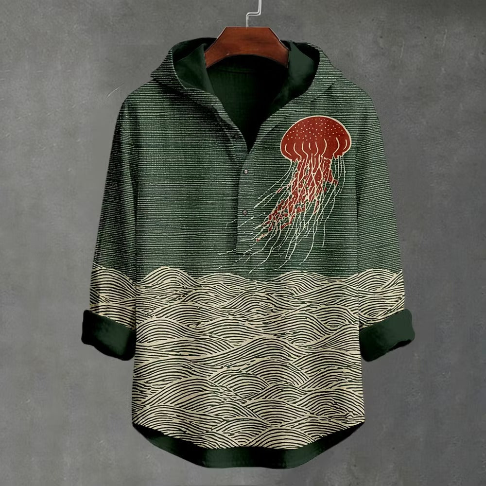 Japanese Jellyfish & Ocean Wave Print Premium Hooded Long Sleeve Shirt – Casual Lightweight Beach Hoodie