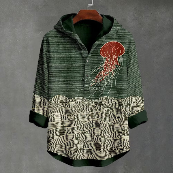 Japanese Jellyfish & Ocean Wave Print Premium Hooded Long Sleeve Shirt – Casual Lightweight Beach Hoodie