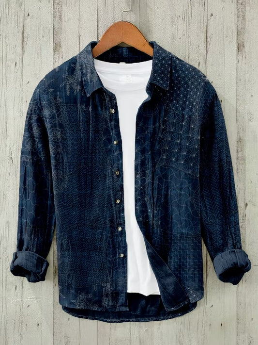 Vintage Indigo Pattern Premium Casual Long Sleeve Linen Shirt – Classic Button-Up Everyday Wear