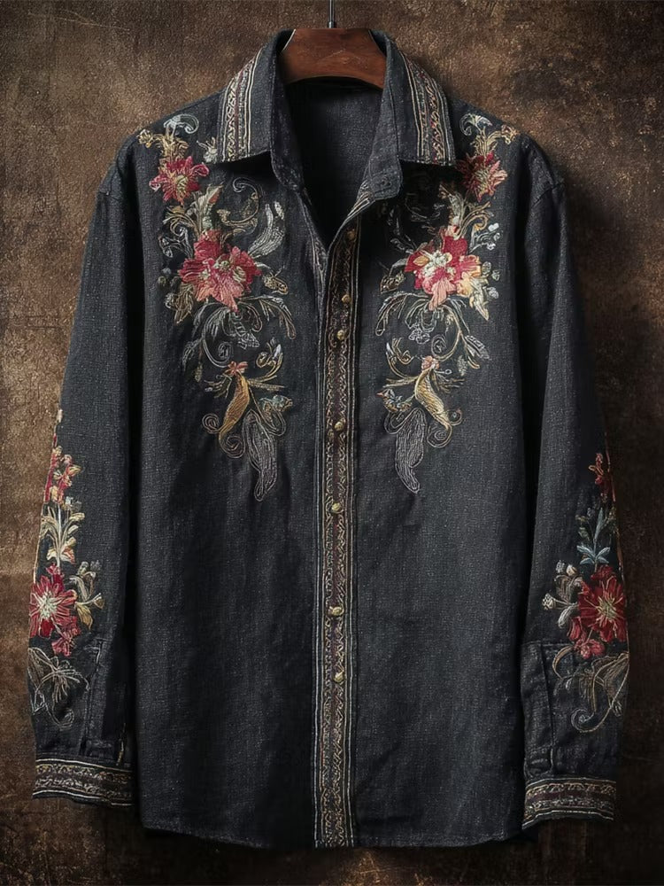 Vintage Floral Embroidery Premium Casual Long Sleeve Shirt – Embroidered Button-Up Linen Style