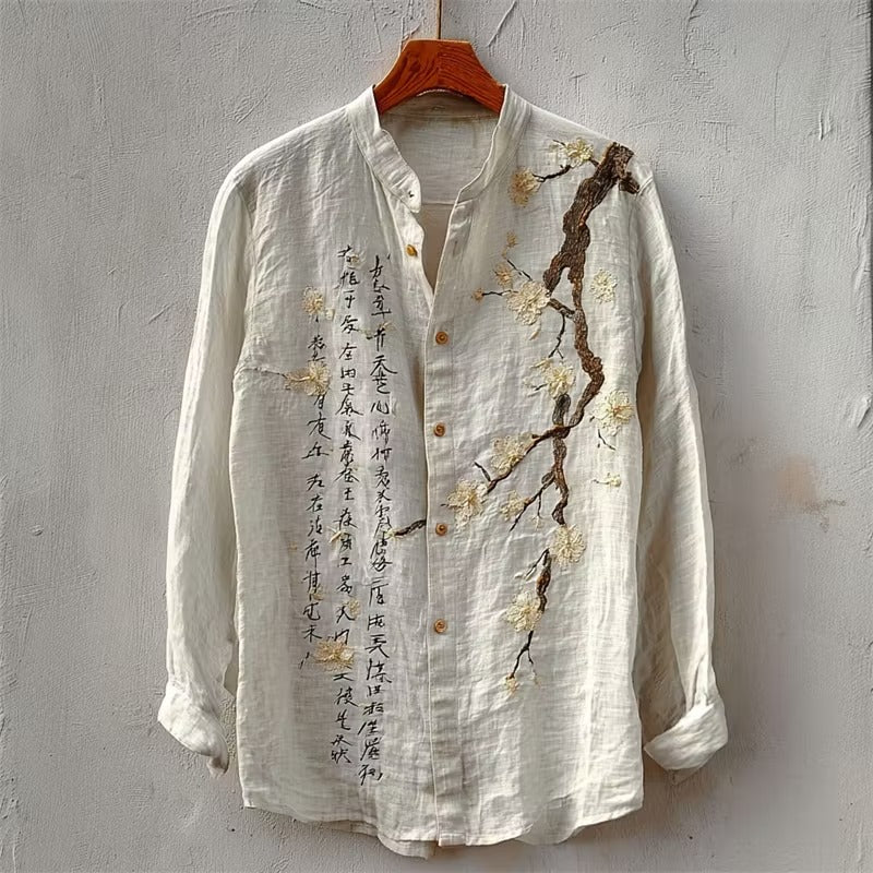 Japanese Calligraphy & Cherry Blossom Print Premium Casual Long Sleeve Linen Shirt – Mandarin Collar Button-Up