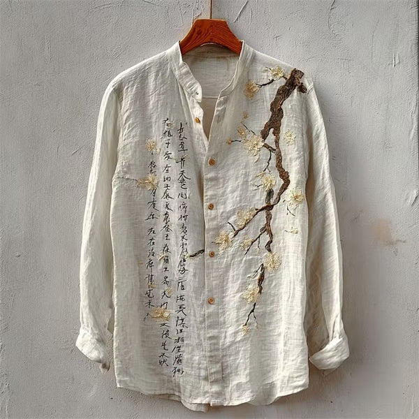 Japanese Calligraphy & Cherry Blossom Print Premium Casual Long Sleeve Linen Shirt – Mandarin Collar Button-Up