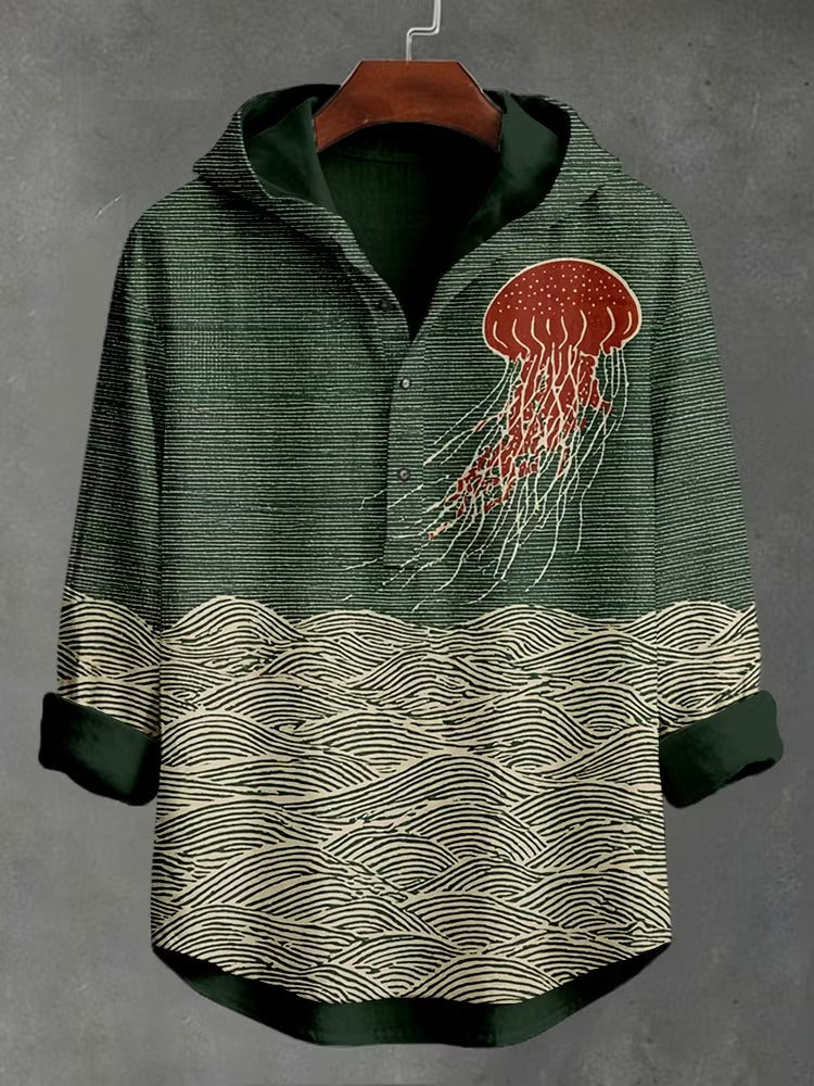 Japanese Jellyfish & Ocean Wave Print Premium Hooded Long Sleeve Shirt – Casual Lightweight Beach Hoodie