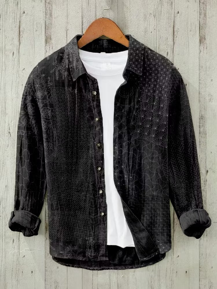 Vintage Indigo Pattern Premium Casual Long Sleeve Linen Shirt – Classic Button-Up Everyday Wear