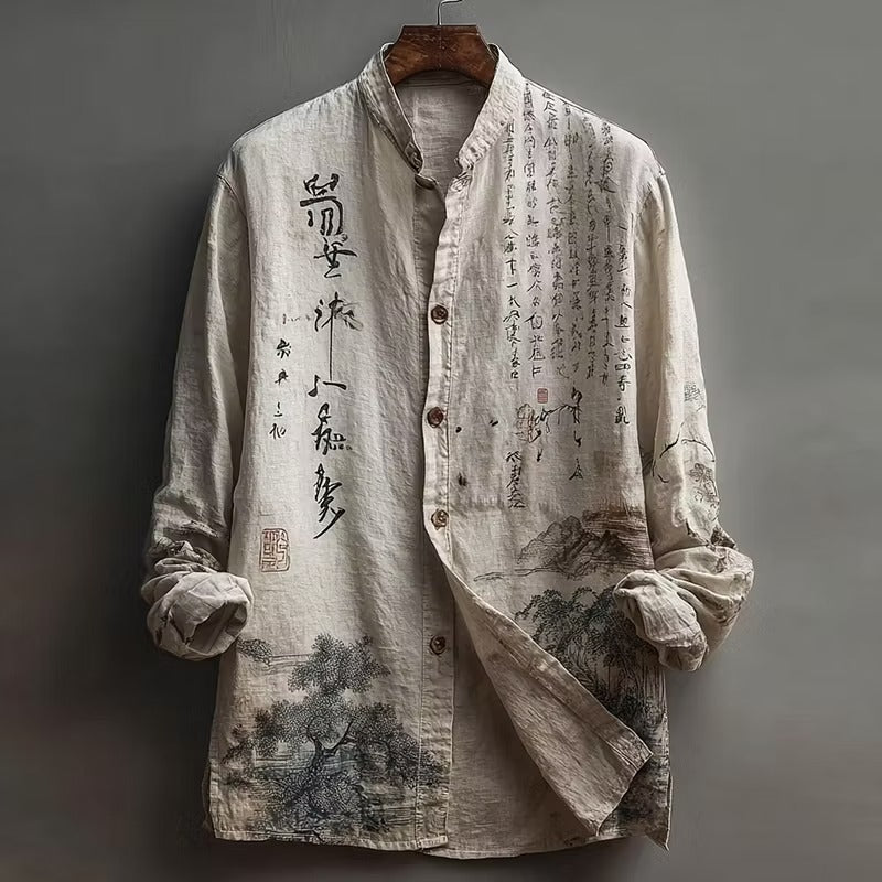 Vintage Japanese Calligraphy Landscape Print Premium Casual Long Sleeve Linen Shirt – Mandarin Collar Button-Up