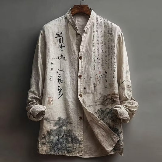 Vintage Japanese Calligraphy Landscape Print Premium Casual Long Sleeve Linen Shirt – Mandarin Collar Button-Up
