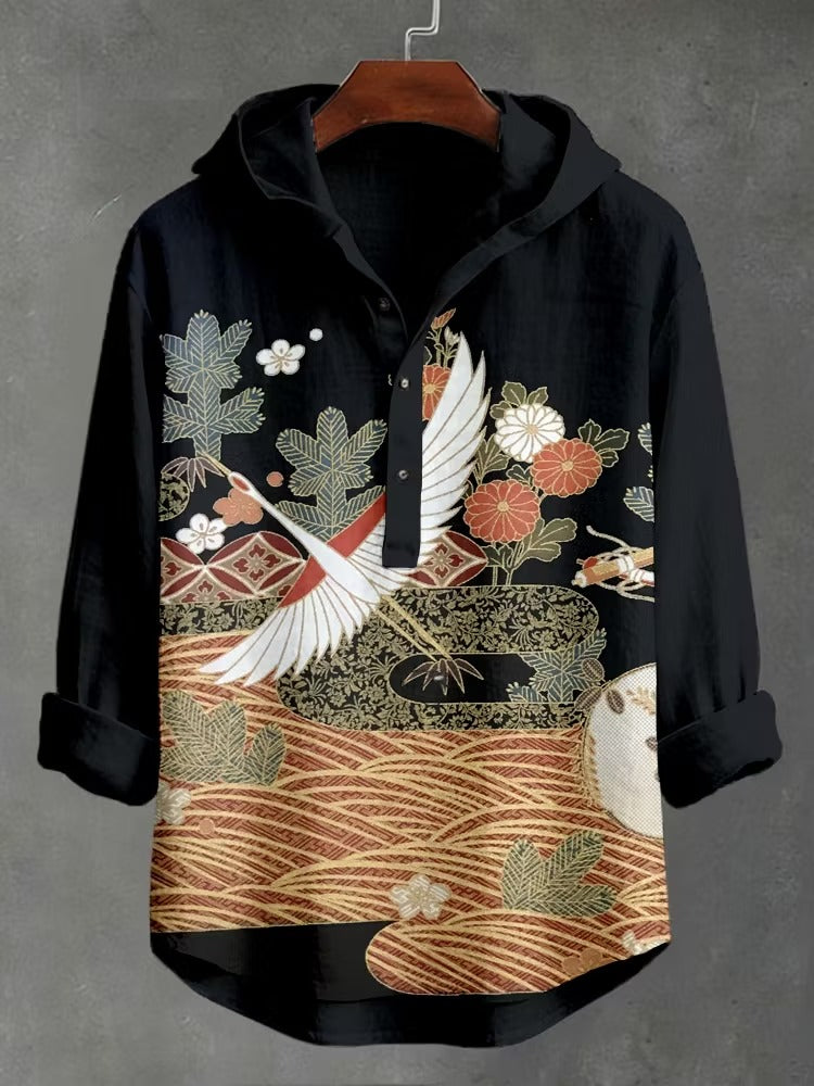 Japanese Crane & Floral Art Premium Hooded Long Sleeve Shirt – Casual Lightweight Button Hoodie