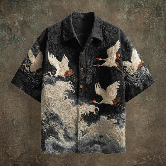 Japanese Crane Wave Print Men's Premium Casual Hawaiian Shirt – Short Sleeve Button-Up Summer Beach Vacation Shirt