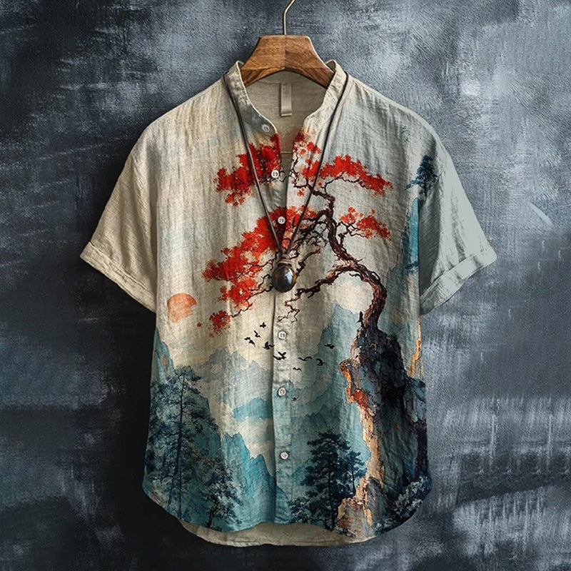 Japanese Landscape Print Men's Premium Casual Linen Shirt – Mandarin Collar Short Sleeve Summer Button-Up